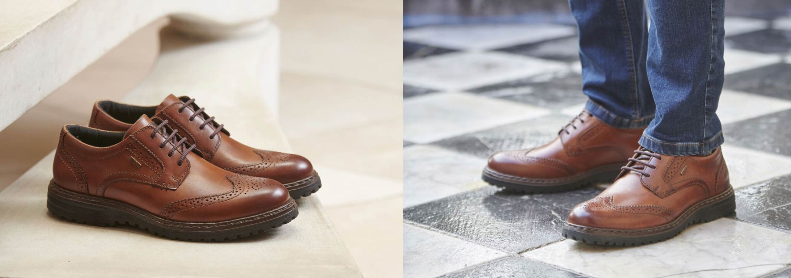 Brown dress shoes shown on a white surface and worn by a person on a checkered floor.