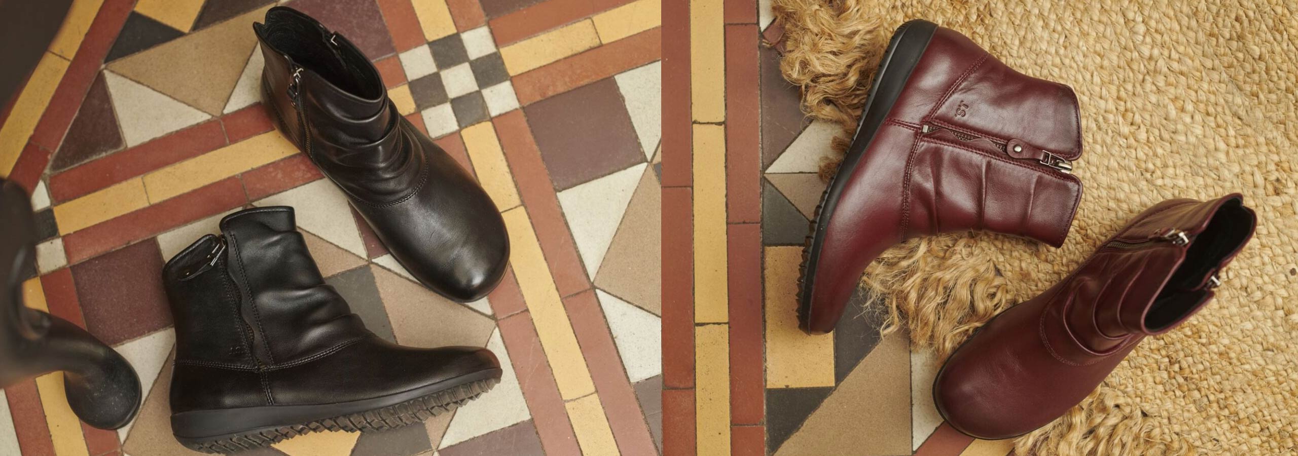 Pair of black boots on a patterned floor and a pair of brown boots on a textured surface.